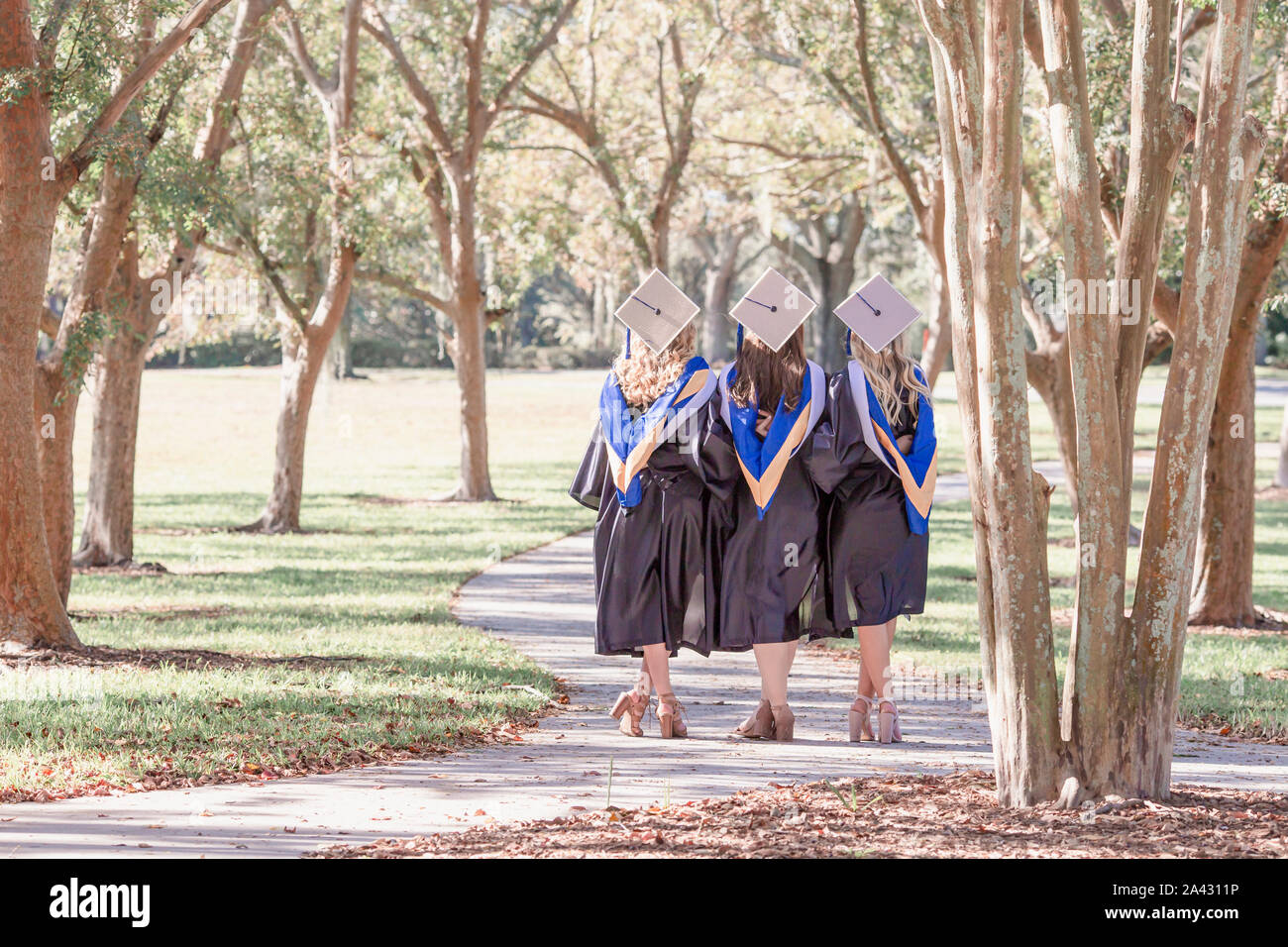 Three friends in graduation caps and gowns on path arms around waist Stock Photo