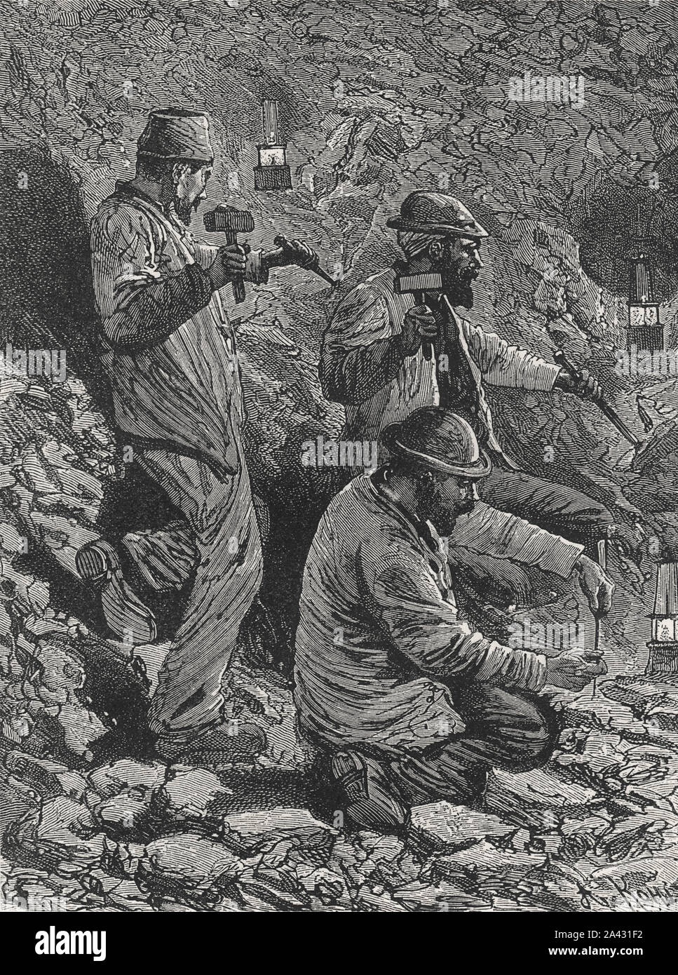 Drawings of Vasnetsov and Panov from the book: Life of European Peoples. Residents of the North. Author E.N. Vodovozova, 1899.  Miners. Coal mining in Belgium Stock Photo