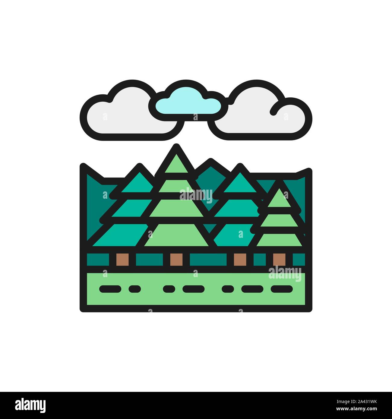 Forest and trees landscape flat color line icon. Stock Vector
