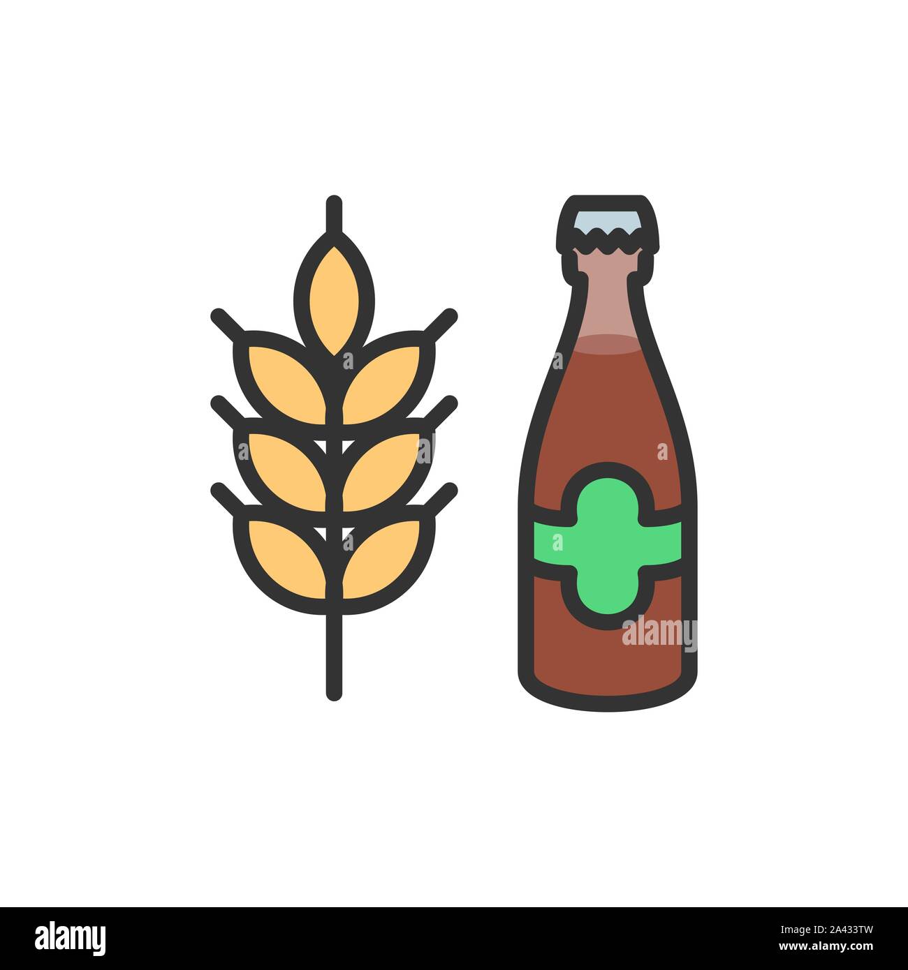 Vector beer bottle and wheat cereal grain flat color line icon. Stock Vector