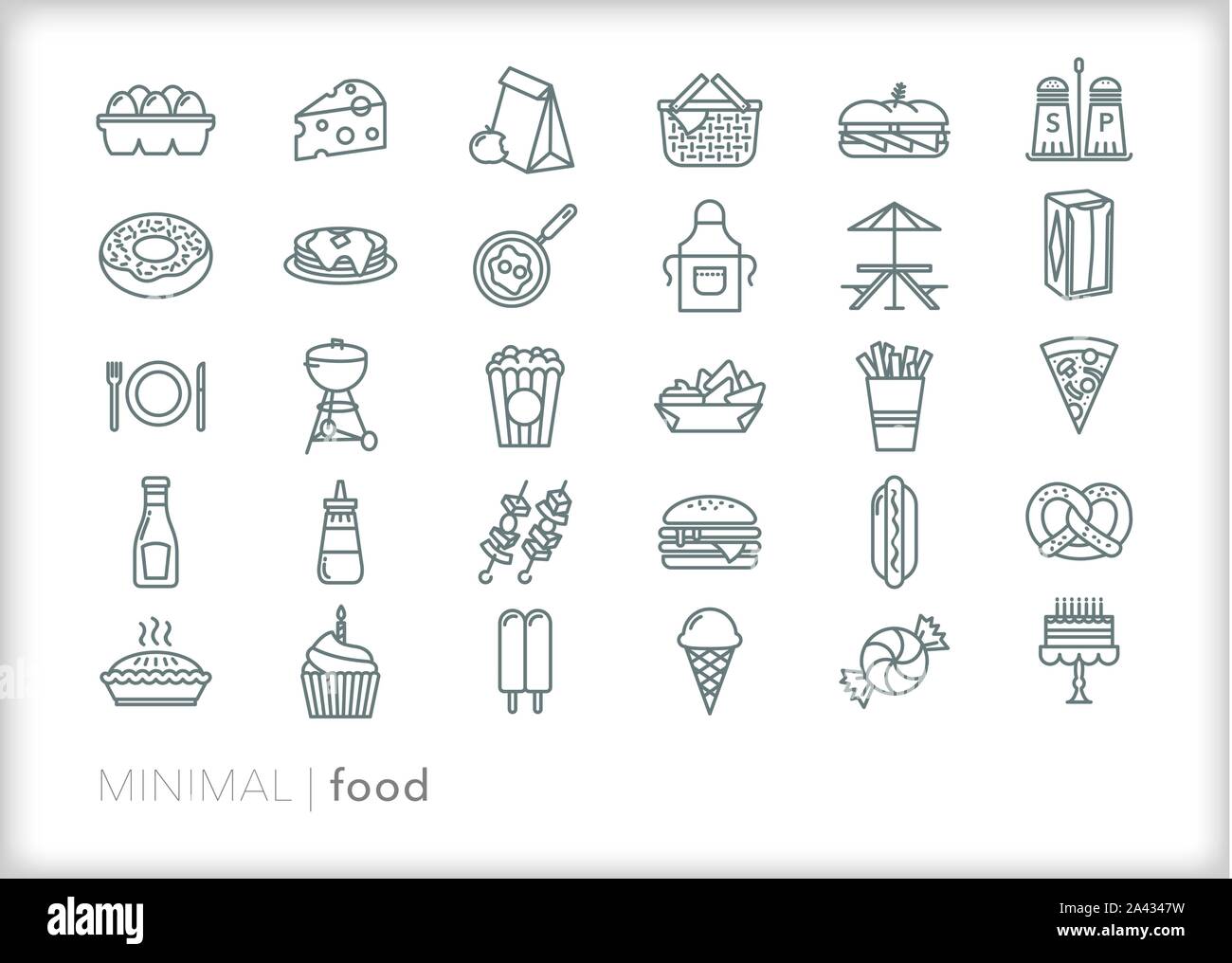 Set of 30 food line icons for meals, snacks, home cooking and restaurants Stock Vector