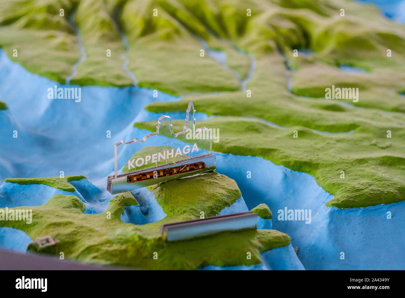 Copenhagen and Sound Strait separating Danish island Zealand from Sweden on maquette of Baltic Sea floor Stock Photo