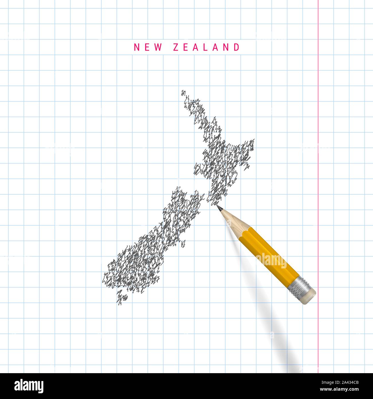 New Zealand sketch scribble map drawn on checkered school notebook ...