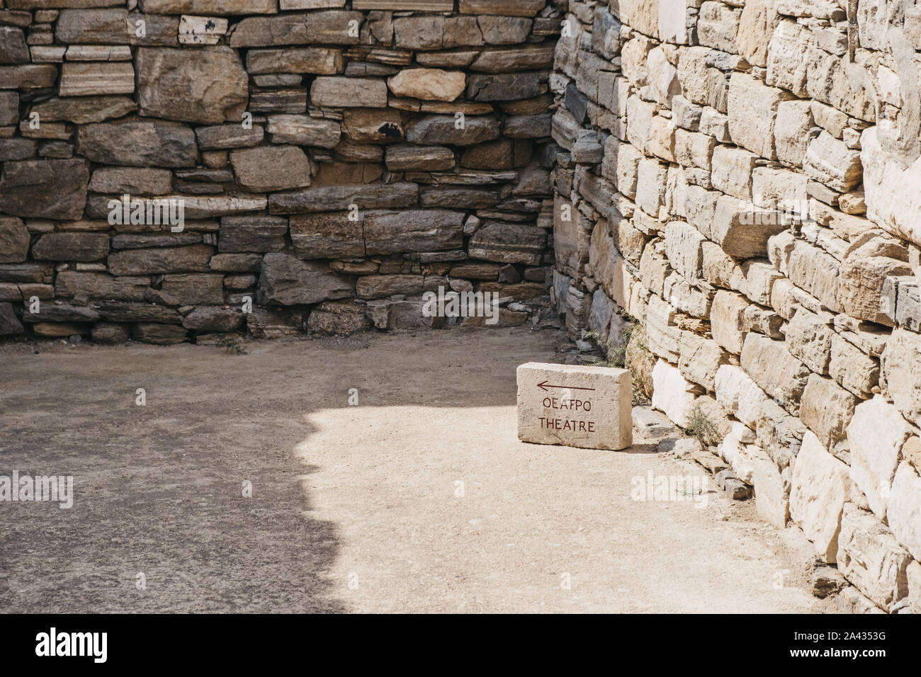 Directional sign toward the theatre on the Greek island of Delos ...