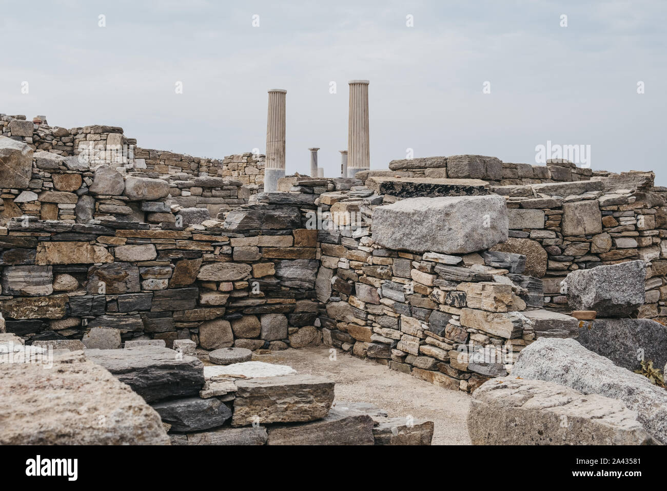 Ruins on the island of Delos, Greece, an archaeological site near Mykonos in the Aegean Sea Cyclades archipelago. Stock Photo