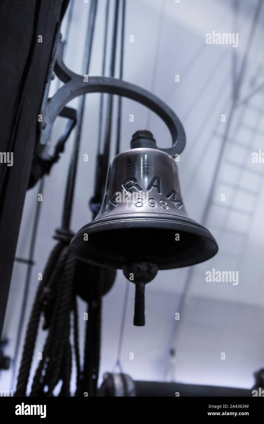 OSLO, NORWAY - MAY 07, 2013: The ship's bell on an old icebreaker in the same Fram Museum in Oslo. Norway. Stock Photo