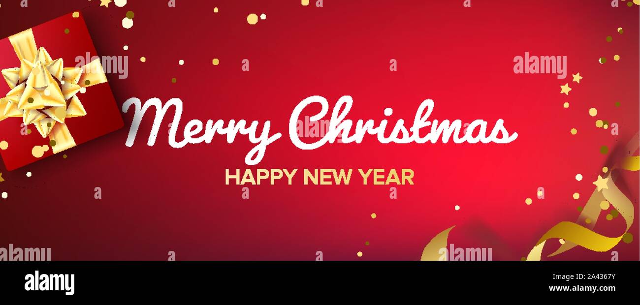 Merry Christmas Banner Vector. Gifts Box With Gold Bow. Red Horizontal ...
