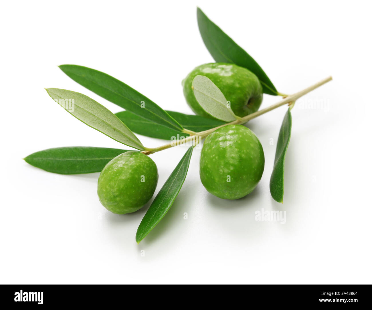 green olives with leaves isolated on white background Stock Photo