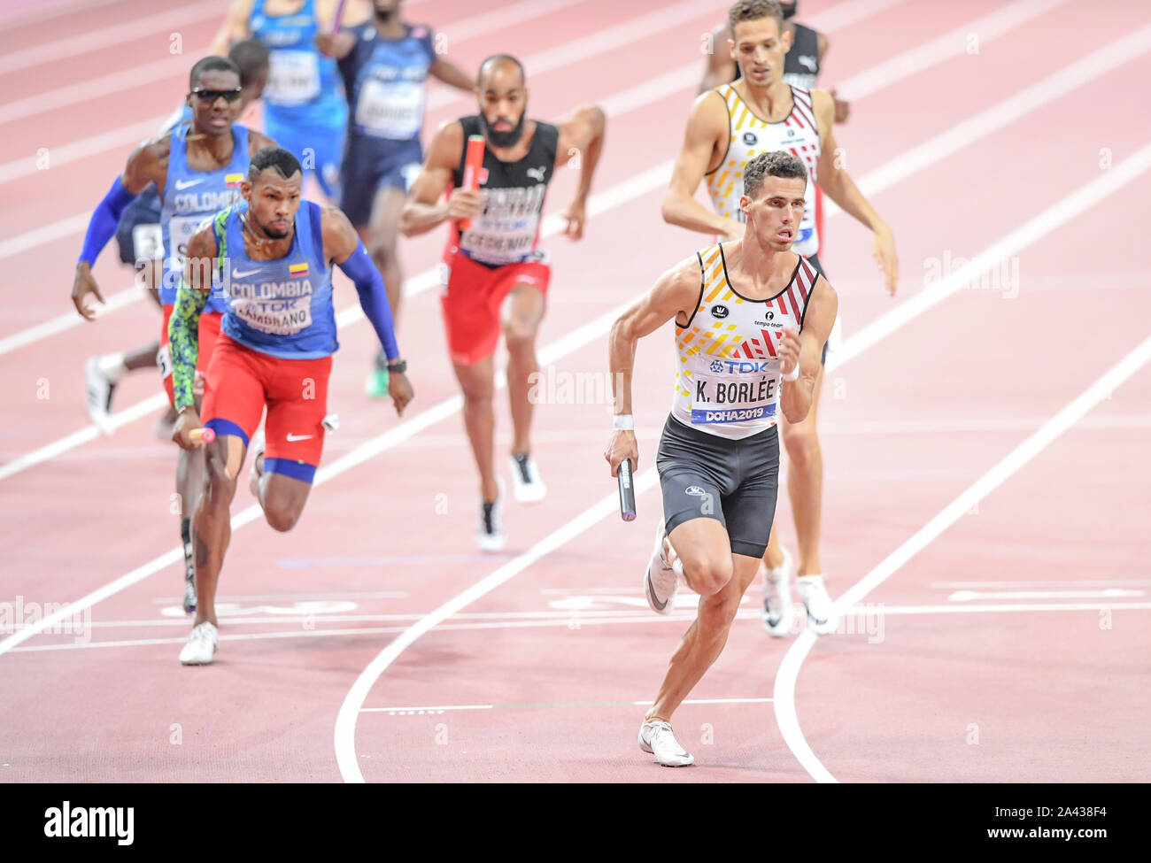 Dylan Borlee (Belgium) 4x400 relay men final. IAAF World Athletics Championships, Doha 2019 Stock Photo