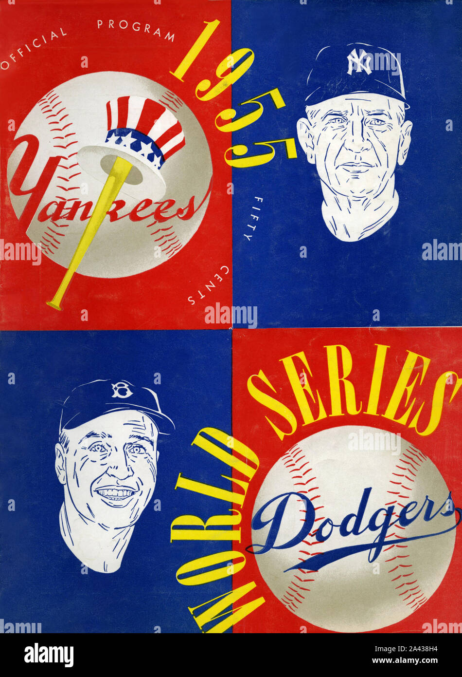 Vintage 1955 World Series program cover from New York Yankees versus the Brooklyn Dodgers in New York. The Dodgers finally defeated the Yankees for their only championship in Brooklyn before moving to Los Angeles in 1958. Stock Photo
