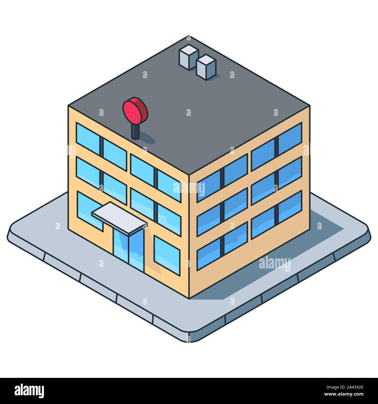 Office building isometric vector illustration, filled outline style. Commercial building symbol. Real estate and construction concept. Stock Vector