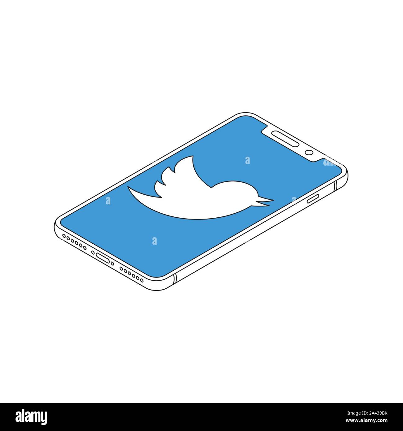 Twitter logo on iphone X display isometric outline vector illustration Stock Vector