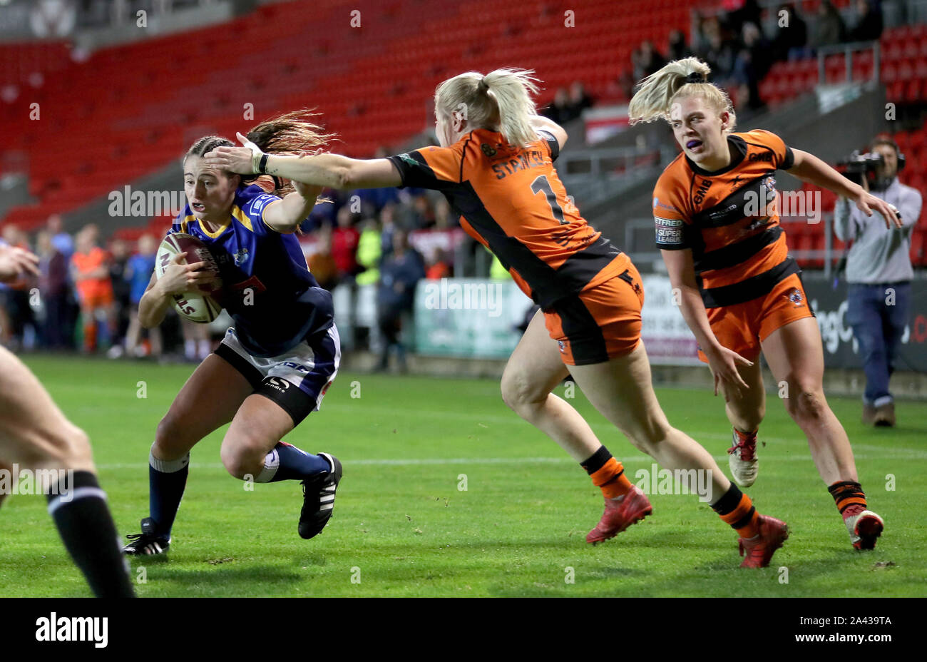 Leeds Rhino's Women Fran Goldthorpe on her way to scoring a try during the Betfred Women's Super League Grand Final at the Totally Wicked Stadium, St Helens. Stock Photo