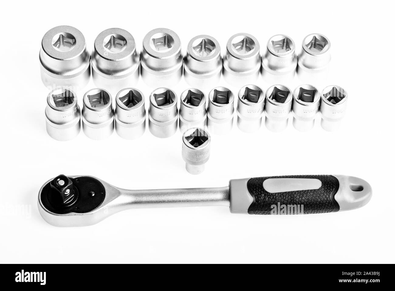 socket wrench isolated on white background. It is A Promise. various wrench heads and tips. Toolbox, tools kit detail close up. Socket Spanner Wrench. Stock Photo