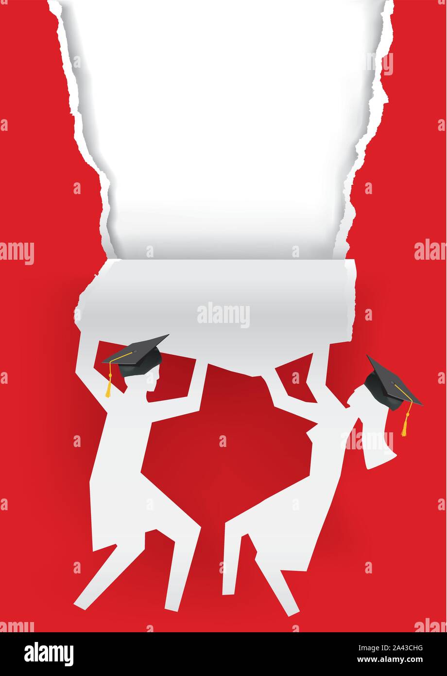 Girl amd boy graduates, torn red paper background.  Illustration of two students paper silhouettes with mortarboard ripped paper. Template for announ Stock Vector