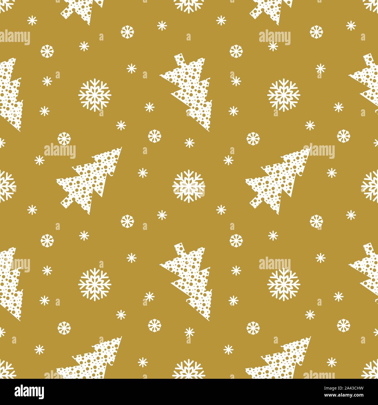 Seamless pattern with white Christmas trees and snowflakes on gold ...