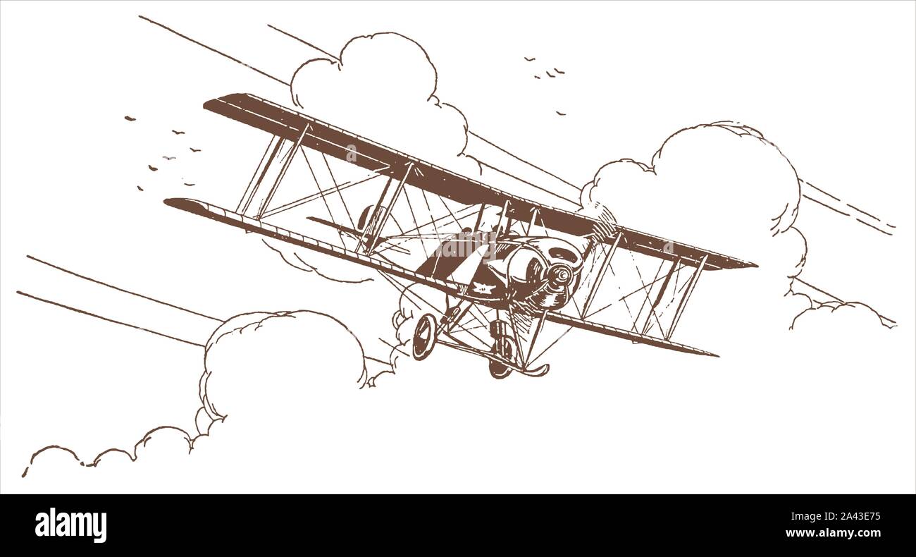 Historical biplane flying out of the clouds. Illustration after a lithography from the early 20th century Stock Vector