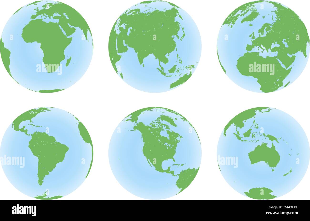 Set of six planet Earth globes with green land map Stock Vector