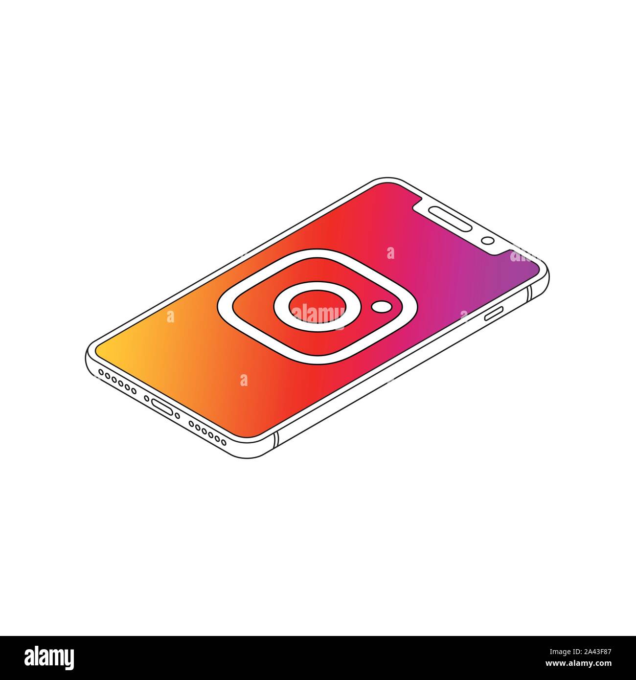 Instagram logo on iphone X display isometric outline vector illustration Stock Vector