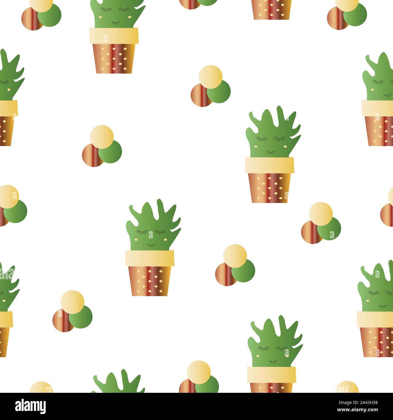 seamless pattern with smiling cactus flowers vector - green and brown colors Stock Vector
