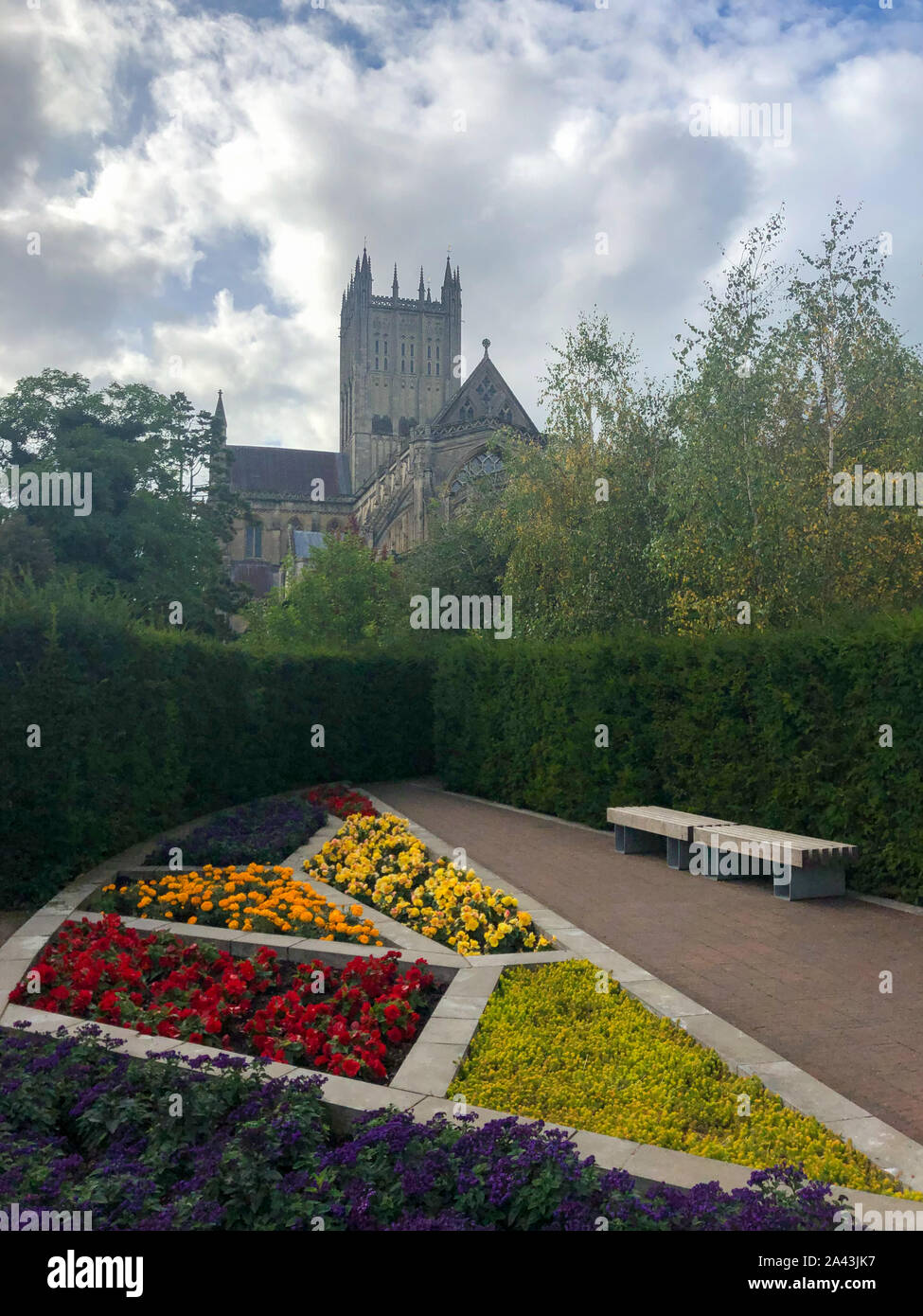 Wells Cathedral from the Bishop's Palace garden with colourful flowers in foreground Stock Photo
