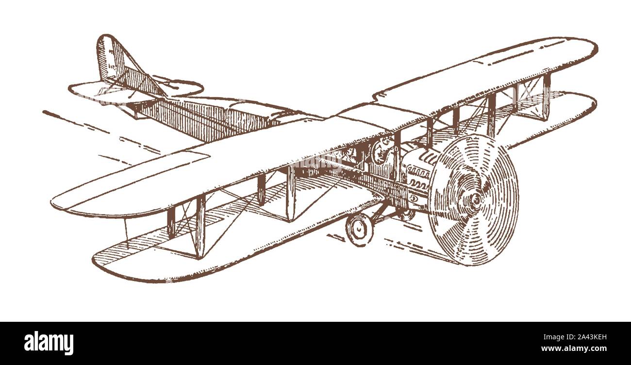 Historical high-speed biplane flying. Illustration after a lithography from the early 20th century Stock Vector