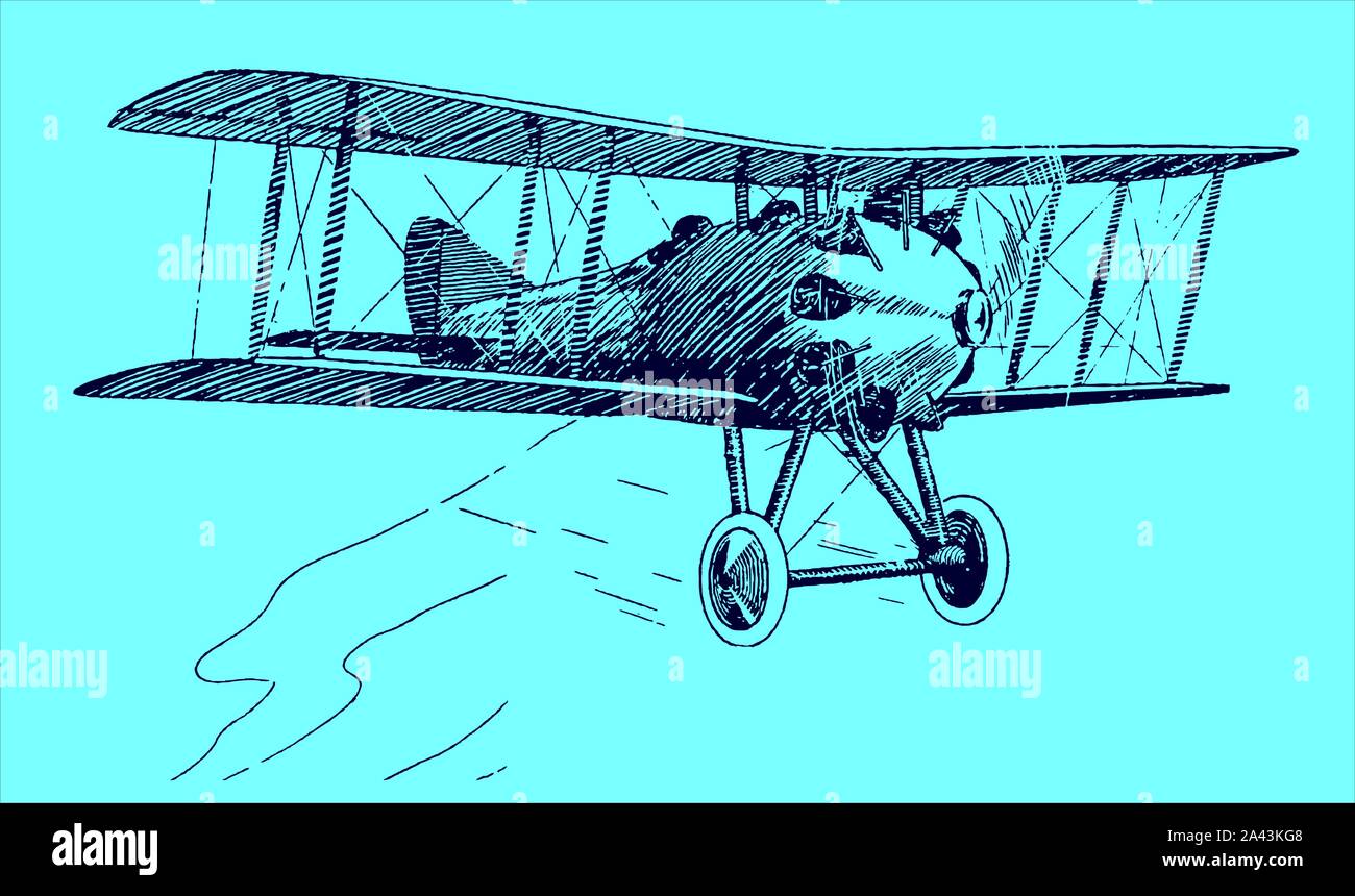 Historical two-seat sporting biplane. Illustration on a blue background after a lithography from the early 20th century. Editable in layers Stock Vector