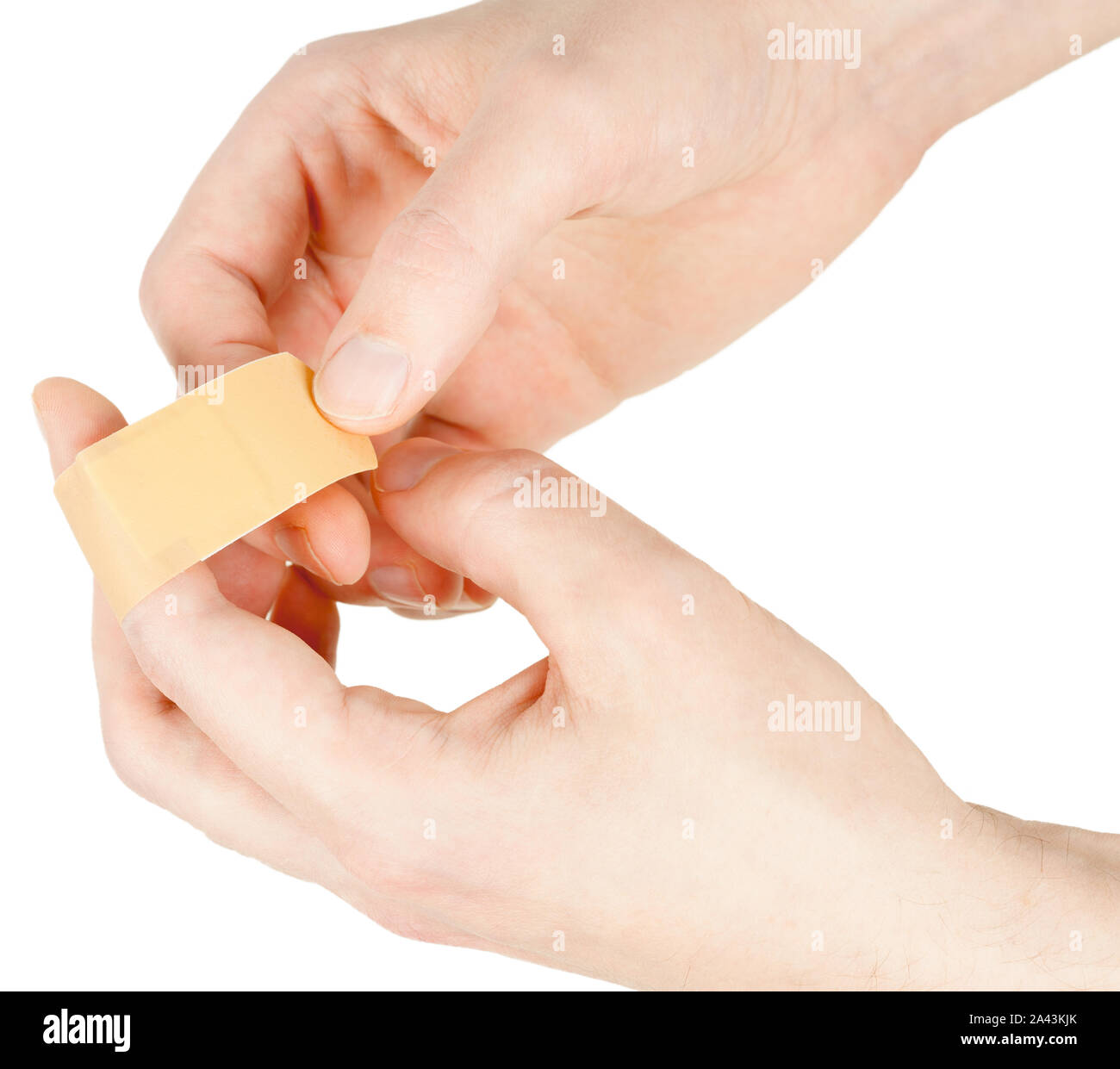 Adhesive bandage on finger, on white background, isolated Stock Photo
