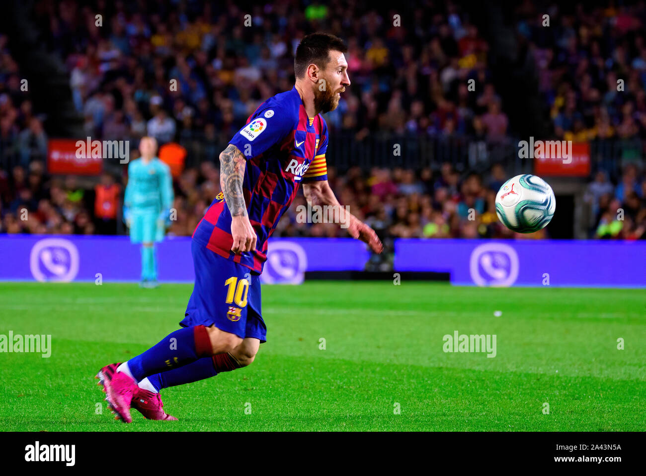 BARCELONA - OCT 6: Lionel Messi plays at the La Liga match between FC Barcelona and Sevilla FC at the Camp Nou Stadium on October 6, 2019 in Barcelona Stock Photo