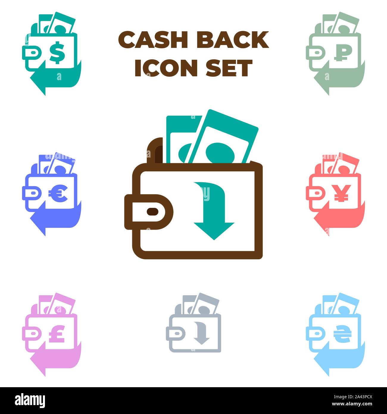 Cashback icon set with different currencies. Vector brown wallet with