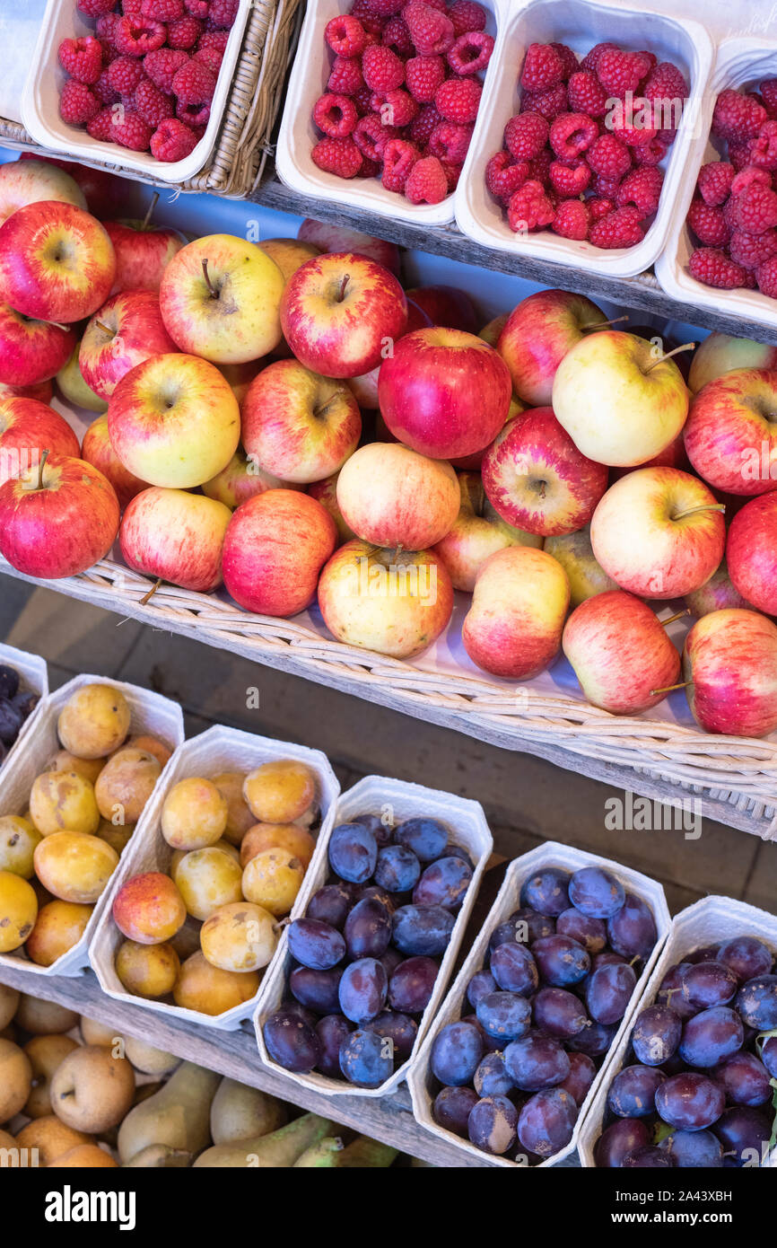 Organic plums, pears, apples, and raspberries for sale at Daylesford