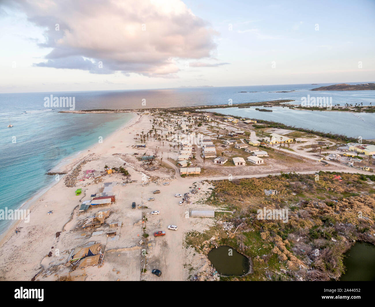 Beautiful view of orient bay beach on st.martin. Aerial view after getting damage by hurricane Irma. Stock Photo