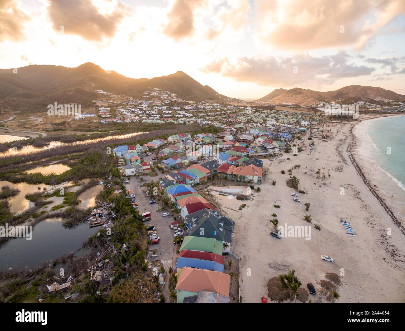 Beautiful view of orient bay beach on st.martin. Aerial view after getting damage by hurricane Irma. Stock Photo