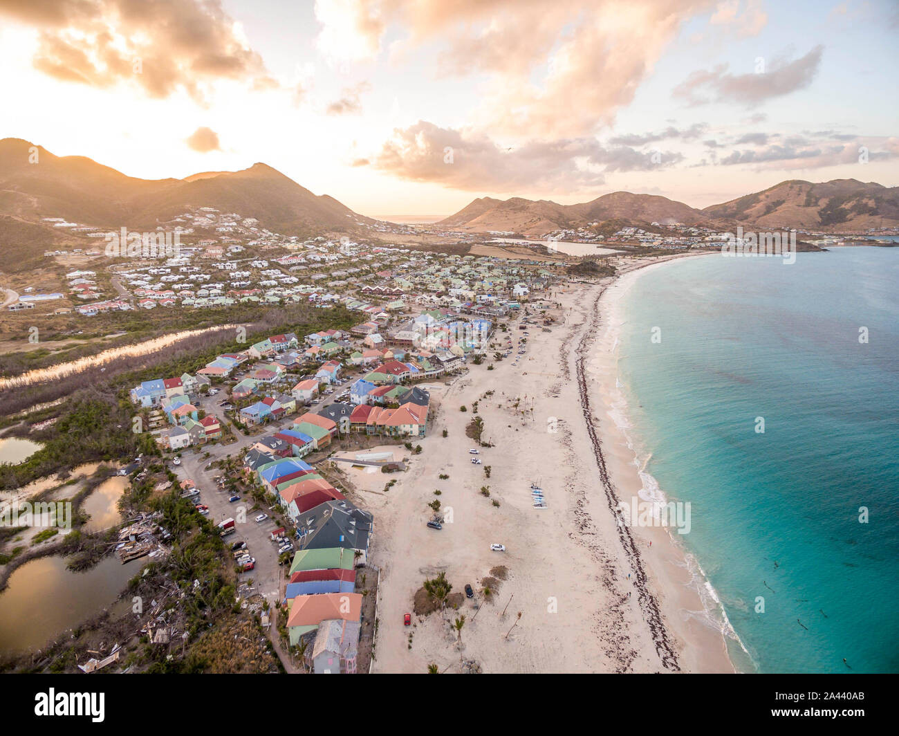 Beautiful view of orient bay beach on st.martin. Aerial view after getting damage by hurricane Irma. Stock Photo