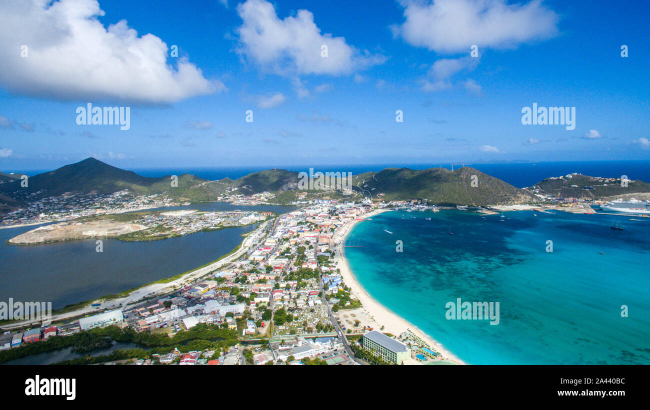 High Aerial view of the capital of St.Maarten, Philipsburg. Dutch Side of Sint Maarten. Stock Photo