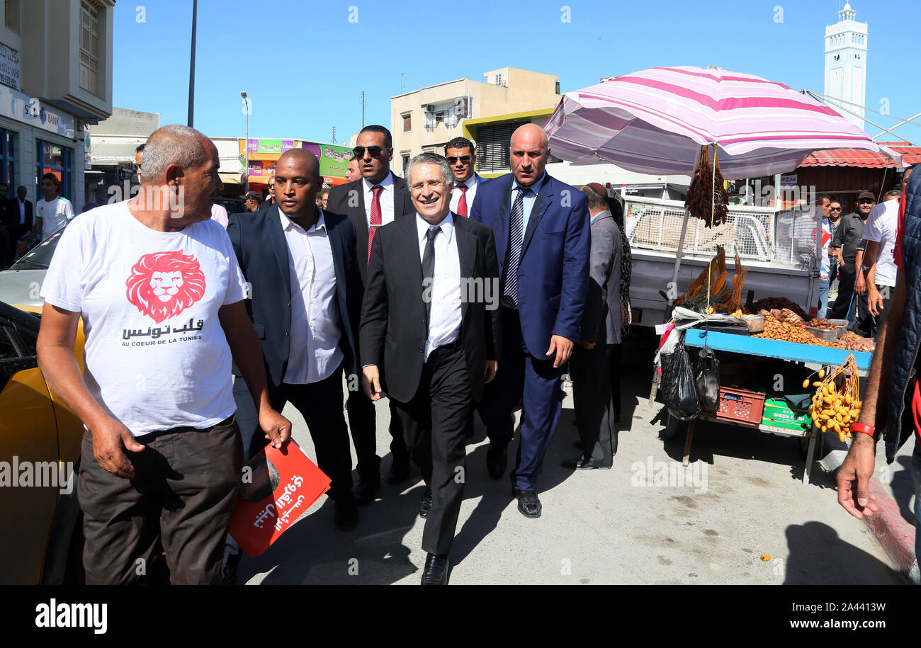 Presidential candidate and leader of Heart of Tunisia Nabil Karoui seen during his visit at the Bizerte city after the court ordered for his release in Tunisia. Stock Photo