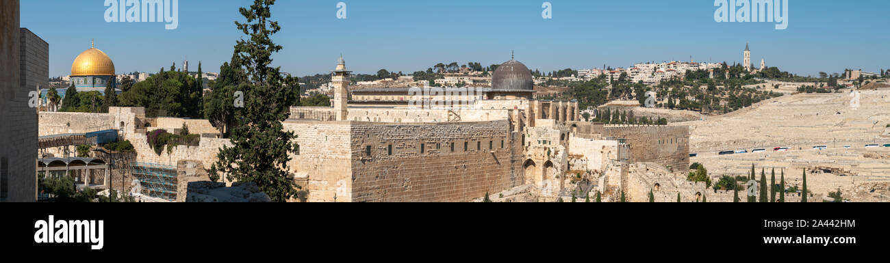 Looking at the Temple Mount and Mount of Olive from the Old City Wall Stock Photo