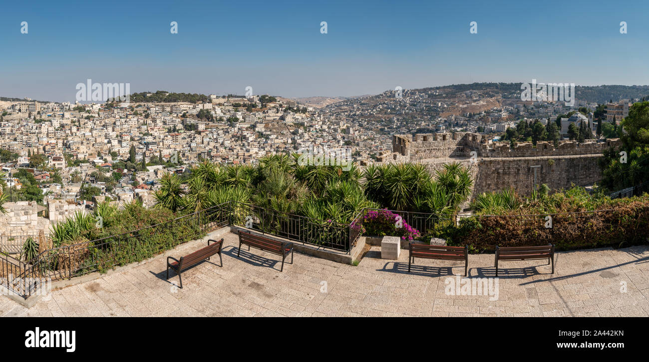 Aerial View of Small Park Benches Looking Out to Jerusalem City Stock Photo