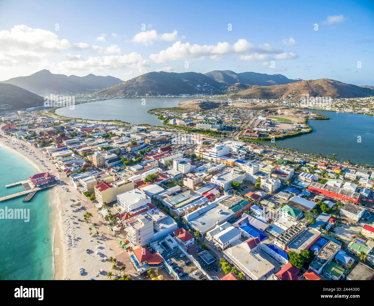 High Aerial view of the capital of St.Maarten, Philipsburg. Dutch Side of Sint Maarten Stock High Aerial view of the capital of St.Maarten, Philipsburg. Dutch Side of Sint Maarten Stock