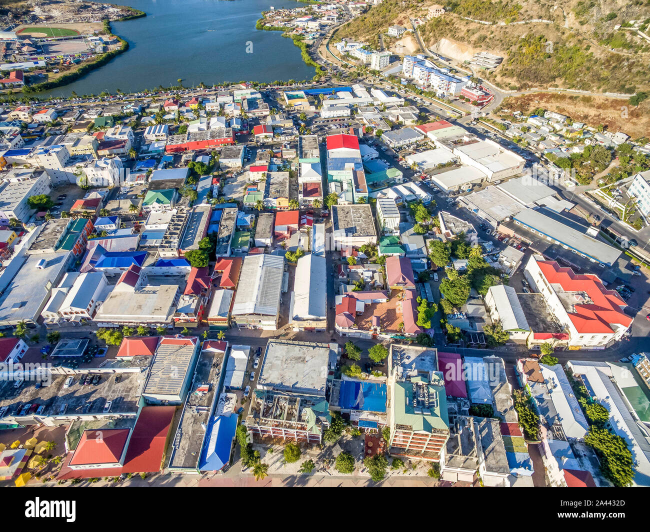 High Aerial view of the capital of St.Maarten, Philipsburg. Dutch Side