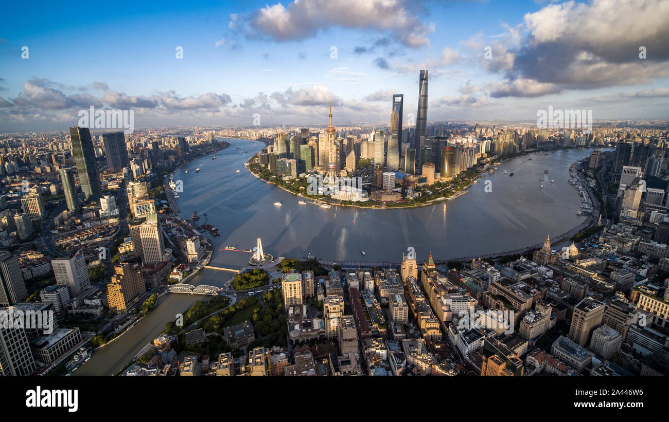 Skyline of the Lujiazui Financial District with the Shanghai World Financial Center, tallest, the Shanghai Tower, second tallest, the Oriental Pearl T Stock Photo