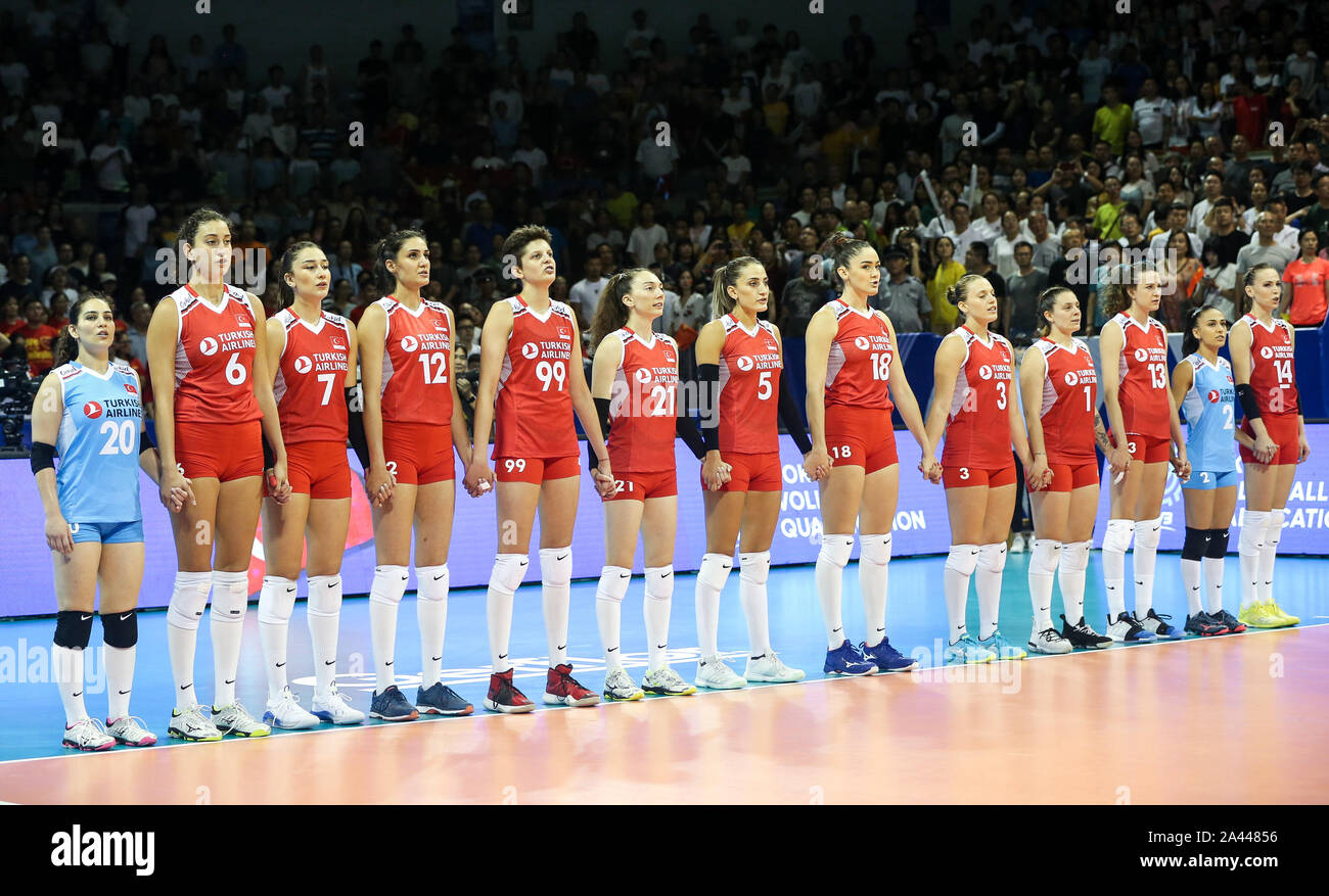 Turkey women's national volleyball team line up during the 2019 FIVB