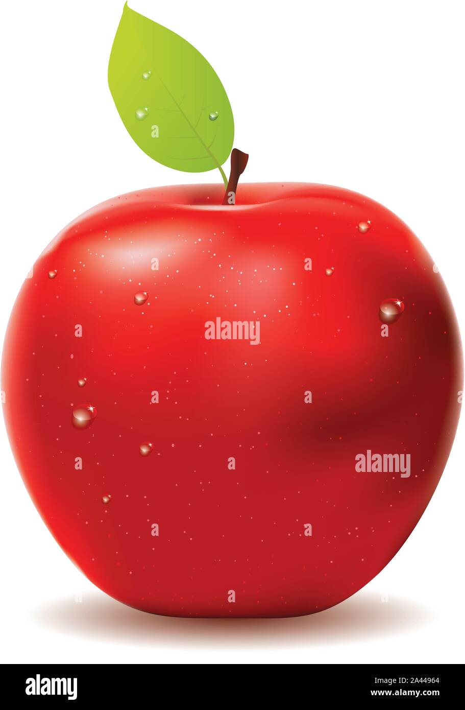 Red apple with leaf and water drops on white background. Stock Vector