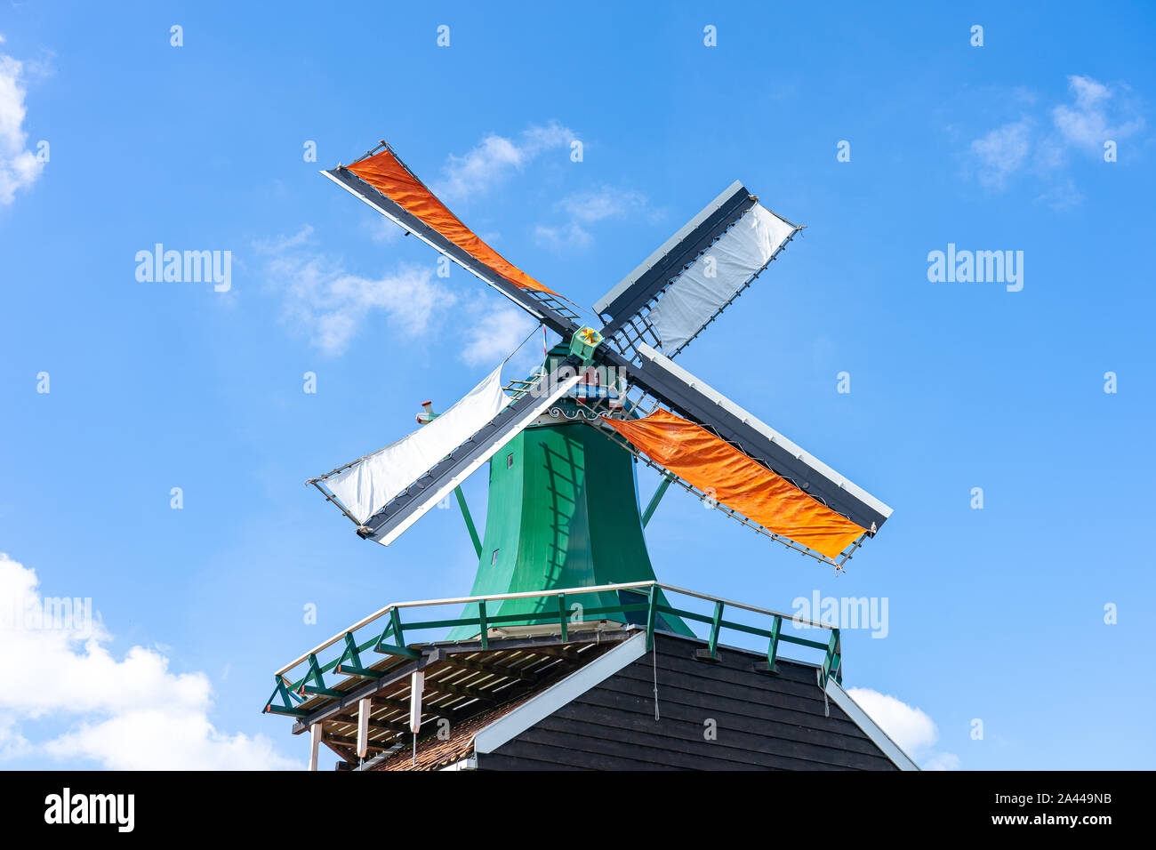 Windmill at Zaanse Schans in Netherlands. Stock Photo