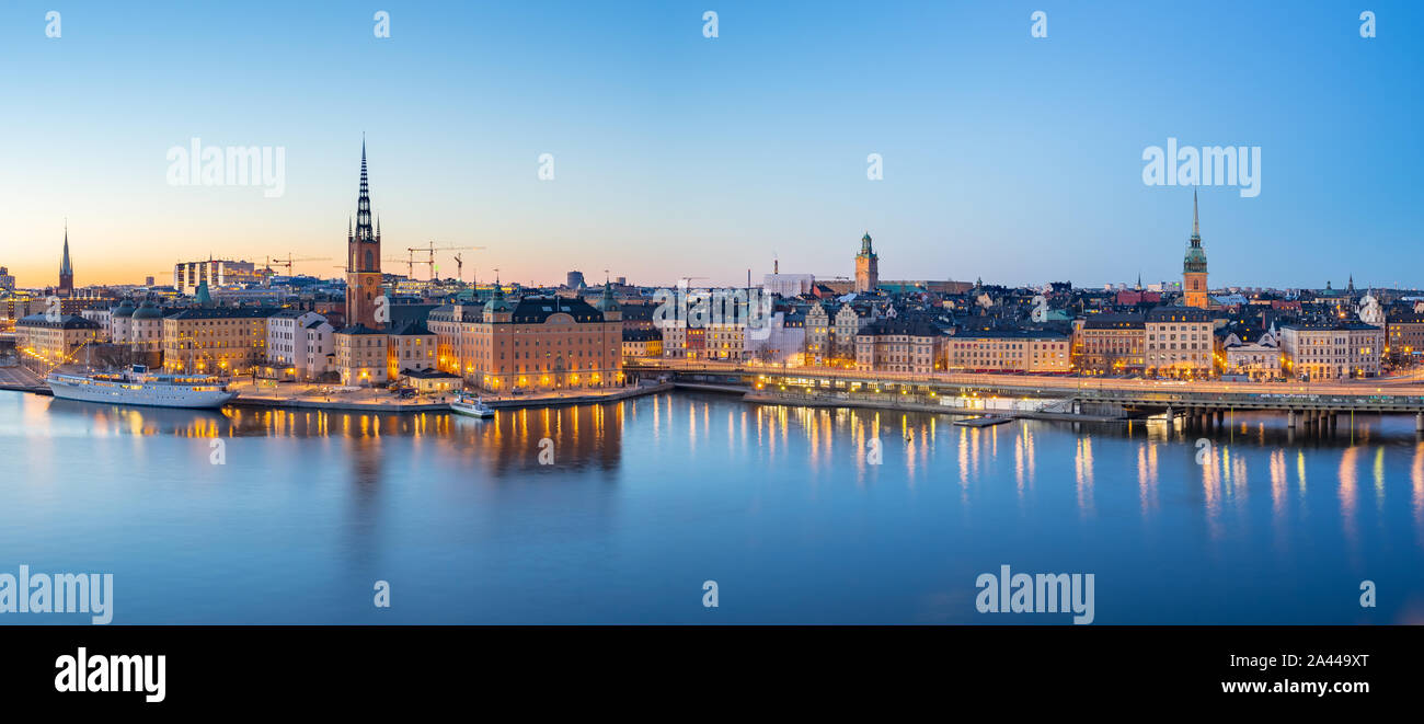 Panorama view of Stockholm Gamla Stan skyline at night in Stockholm city, Sweden. Stock Photo