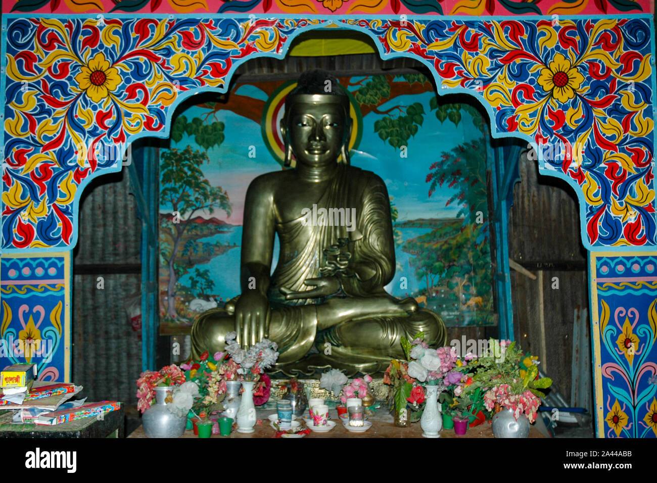 A bronze Buddha statue inside the Sima Buddhist Bihara at Kuakata in Patuakhali. Bangladesh. Stock Photo