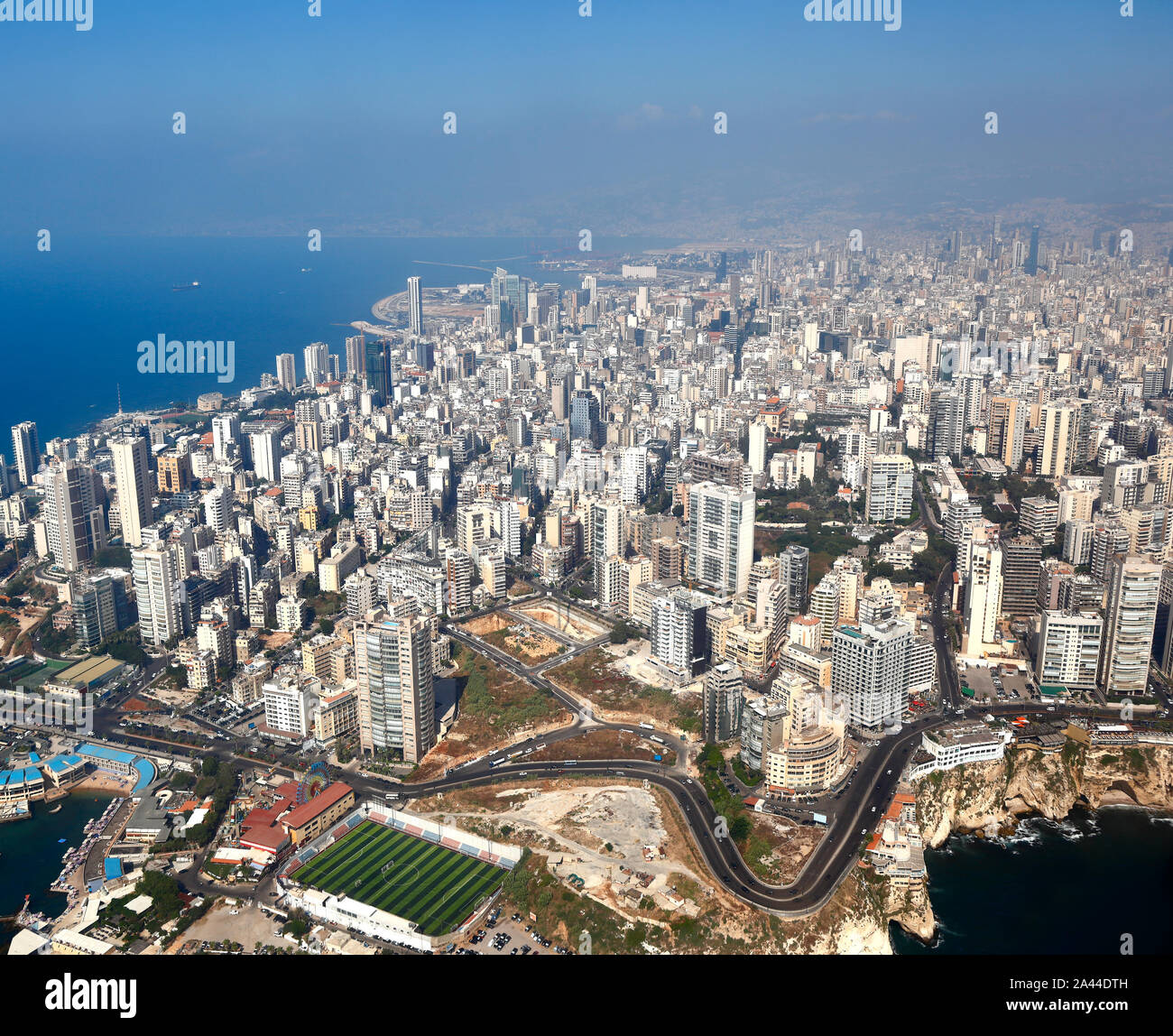 Beirut, Aerial View of the city and its famous Pigeon Rocks - Lebanon Stock Photo