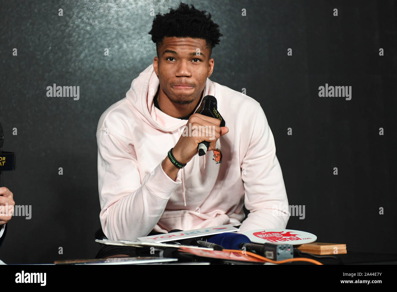 Greek professional basketball player Giannis Antetokounmpo, nicknamed as 'Greek Freak,' shows up at a promotional event of STR8, a French perfume, in Stock Photo