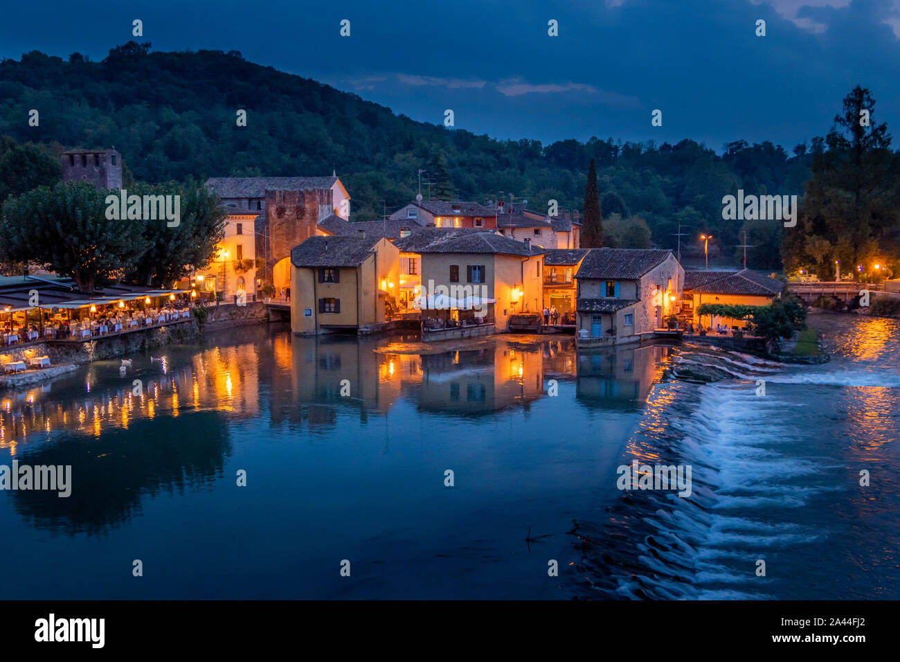 Valeggio sul Mincio, Borghetto at Mincio at night, south of Lake Garda, Veneto, Italy, Europe Stock Photo