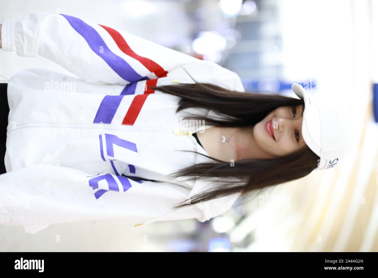 Chinese actress Crystal Zhang or Zhang Tian'ai arrives at the Shanghai Pudong International Airport before departure in Shanghai, China, 15 August 201 Stock Photo